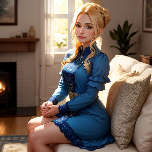 a woman in a blue dress sitting on a couch in front of a fireplace with a fire place in the background