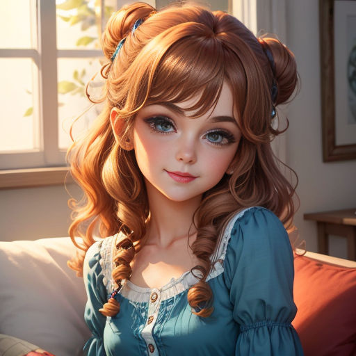 a woman with long hair and blue eyes is sitting on a couch in a room with a window and a red pillow
