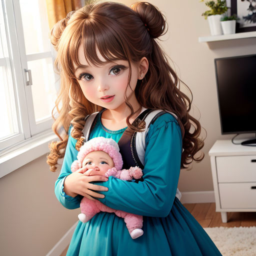 a little girl holding a doll in her arms in a room with a window and a rug on the floor