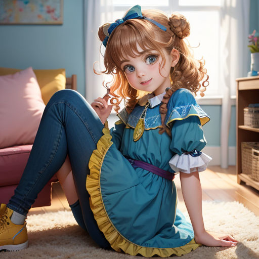 a little girl sitting on the floor in a room with a window and a rug on the floor and a couch