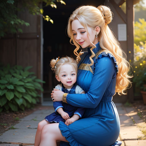 a woman in a blue dress holding a little girl in her lap and smiling at the camera with a house in the background