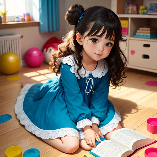 a little girl sitting on the floor reading a book with a bookmark in her hand and a toy pig on the floor