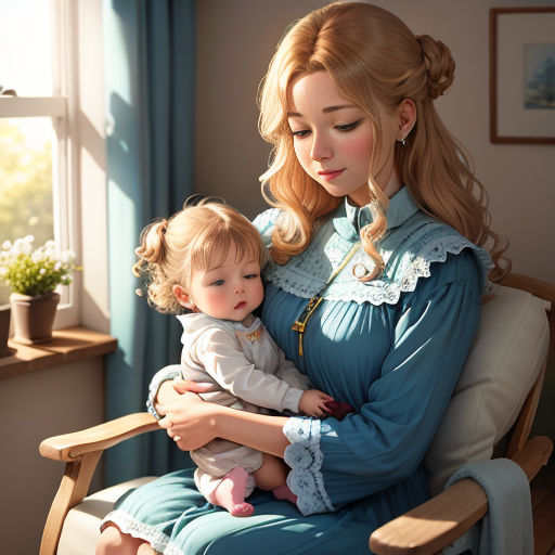 a woman holding a baby in a chair near a window with a potted plant in the corner of the room