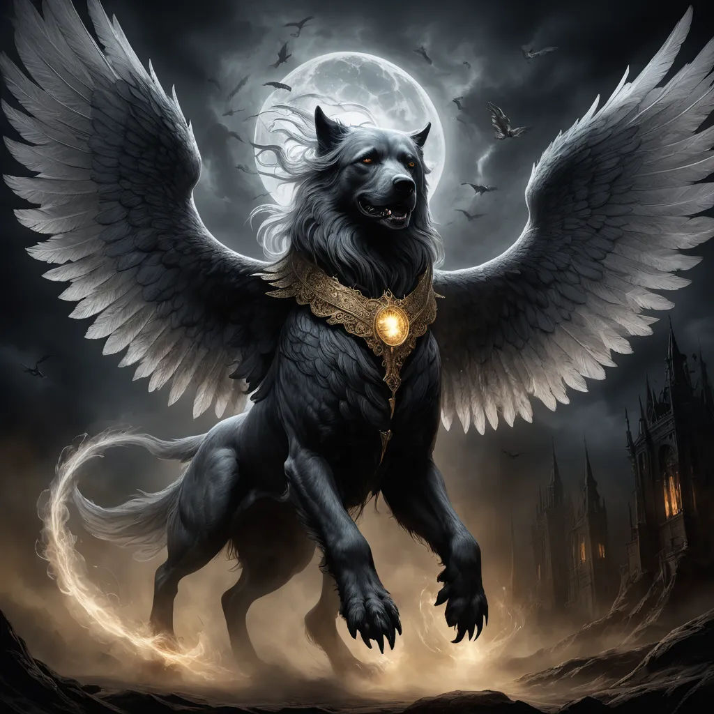 a wolf with wings and a light in its mouth is standing in front of a full moon sky with bats, gothic art, an album cover, Anne Stokes, dark fantasy art