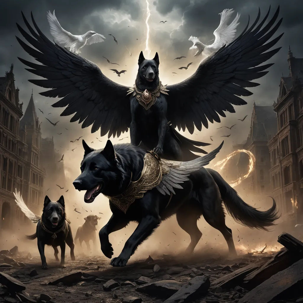 a woman riding on the back of a black dog next to a black dog on a dirt ground with a bird flying above her, fantasy art, an album cover, Anne Stokes, dark fantasy art