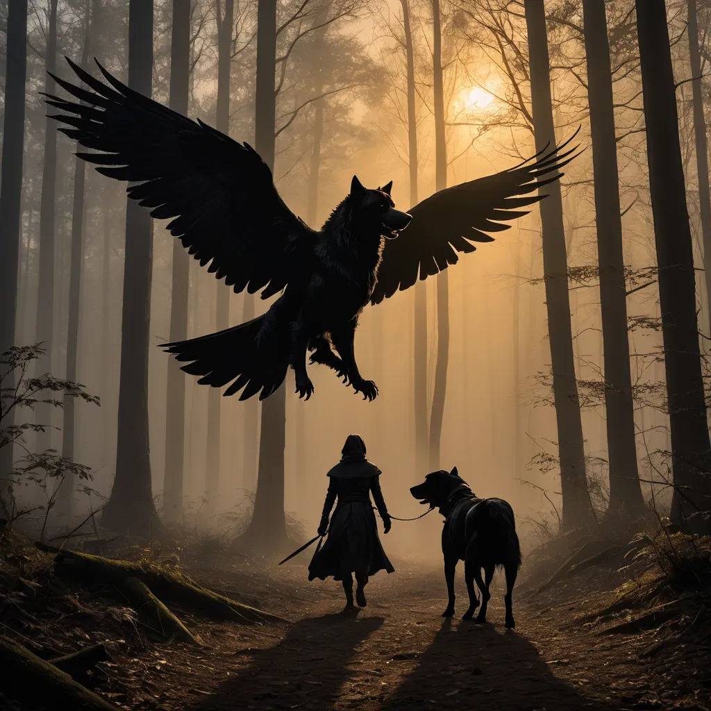 a woman and a dog are in the woods with a large bird on their back, and a woman is holding a dog's leash, fantasy art, concept art, Dirk Crabeth, fantasy artwork