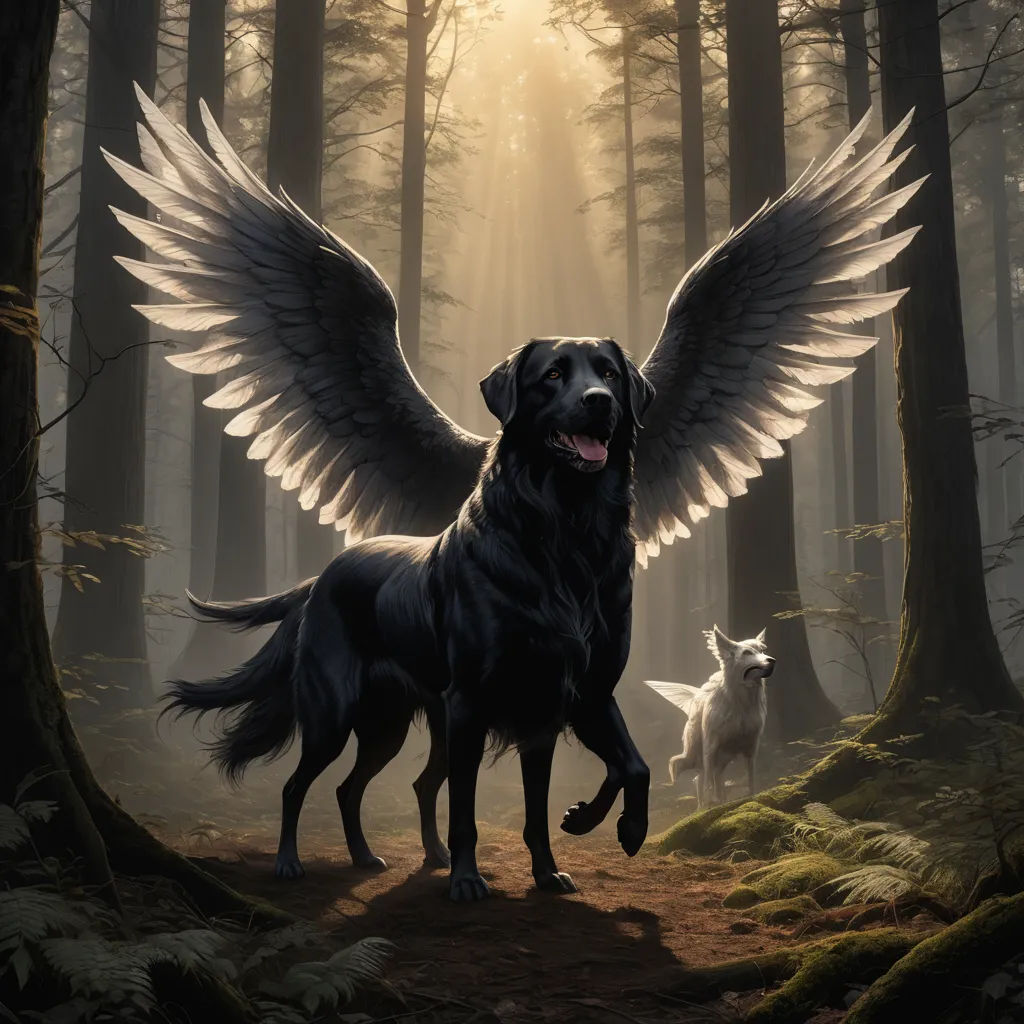 a dog with wings standing in a forest with a wolf behind it and another dog in the background with its mouth open, fantasy art, a storybook illustration, Anne Stokes, official art