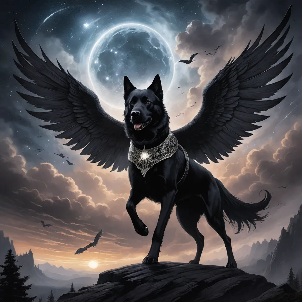 a black dog with wings on a hill with a full moon in the background and a bird flying above, gothic art, an album cover, Anne Stokes, highly detailed digital art