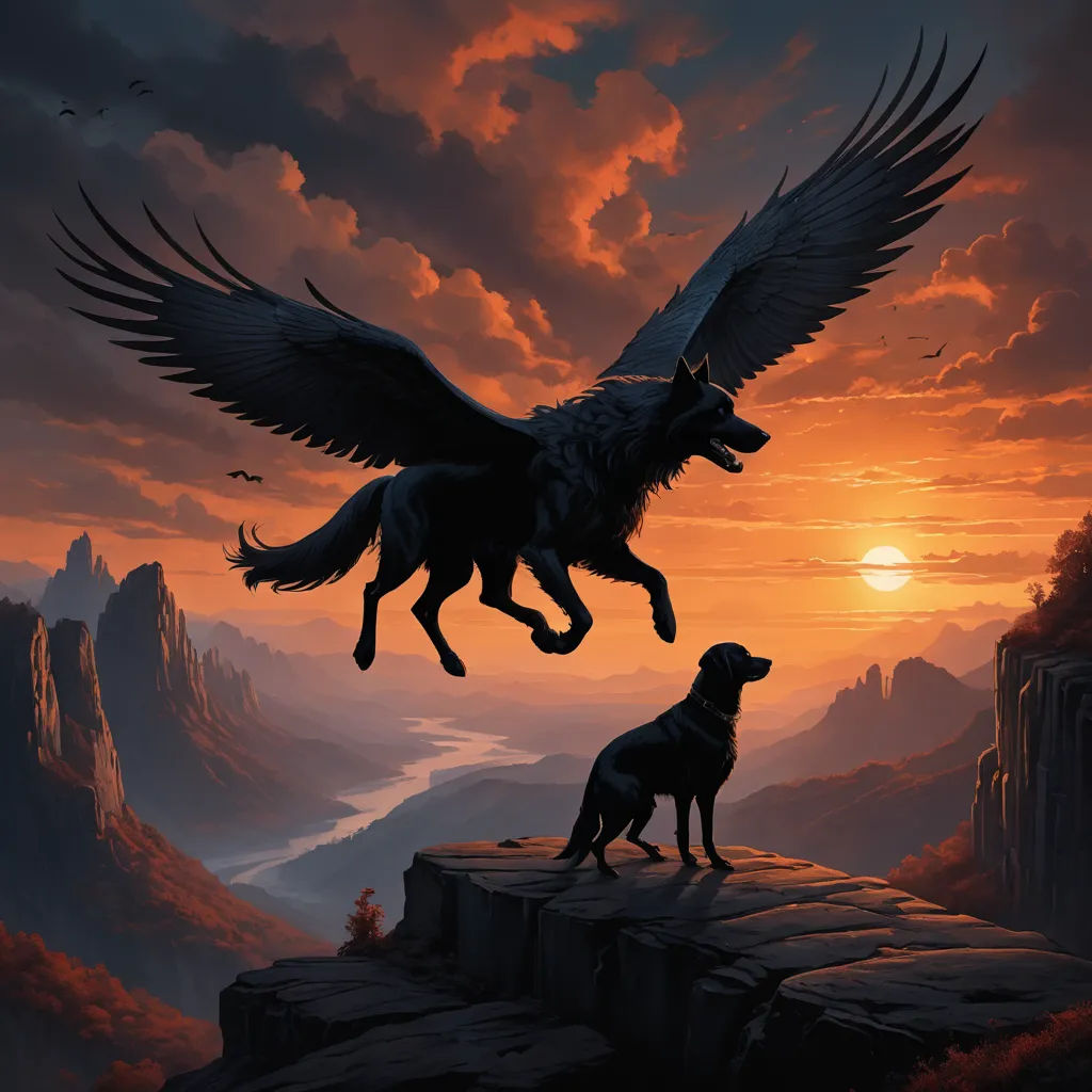 a dog and a bird are standing on a cliff with a sunset in the background and a mountain range, fantasy art, an airbrush painting, Anne Stokes, fantasy artwork
