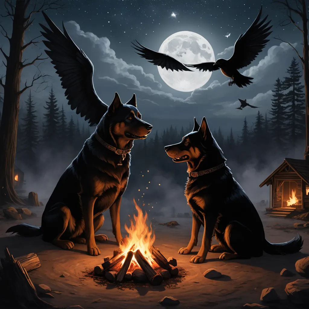 two dogs sitting in front of a campfire with a bird flying above them and a full moon in the background, fantasy art, an album cover, Anne Stokes, highly detailed digital painting