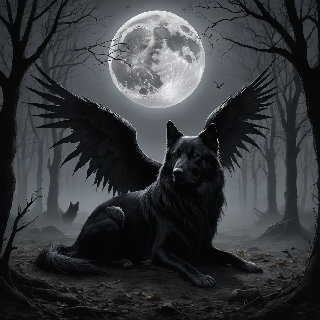 a black dog with wings sitting in the woods under a full moon with trees and leaves on the ground, gothic art, an album cover, Anne Stokes, dark night
