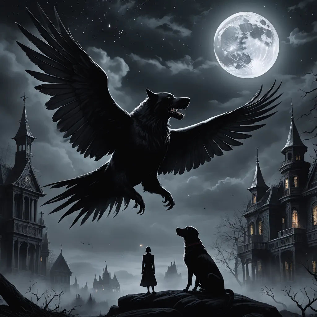 a person standing next to a dog on a hill with a bird flying over it and a full moon in the background, gothic art, a storybook illustration, Anne Stokes, dark shadows