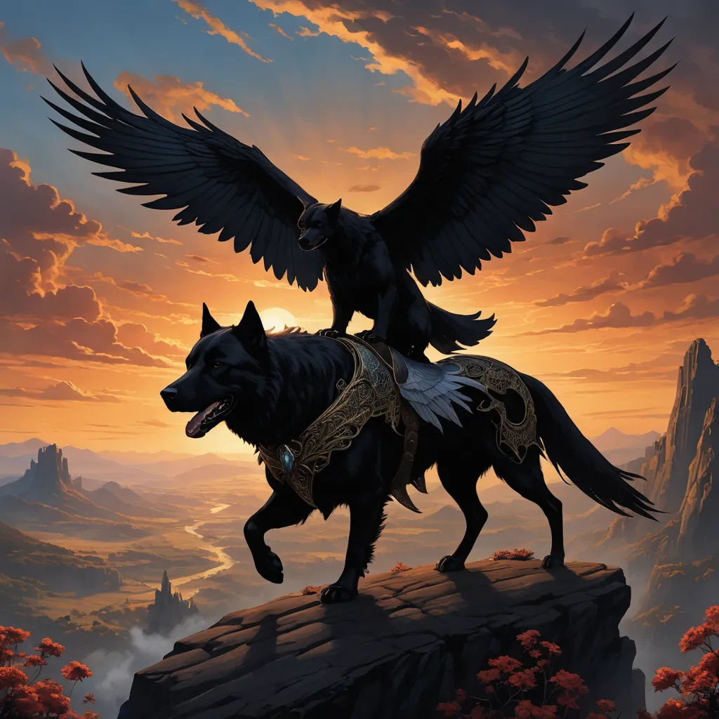 a painting of a black dog with wings on a rock with a bird on it's back and a wolf on its back, fantasy art, a detailed matte painting, Anne Stokes, dark fantasy art