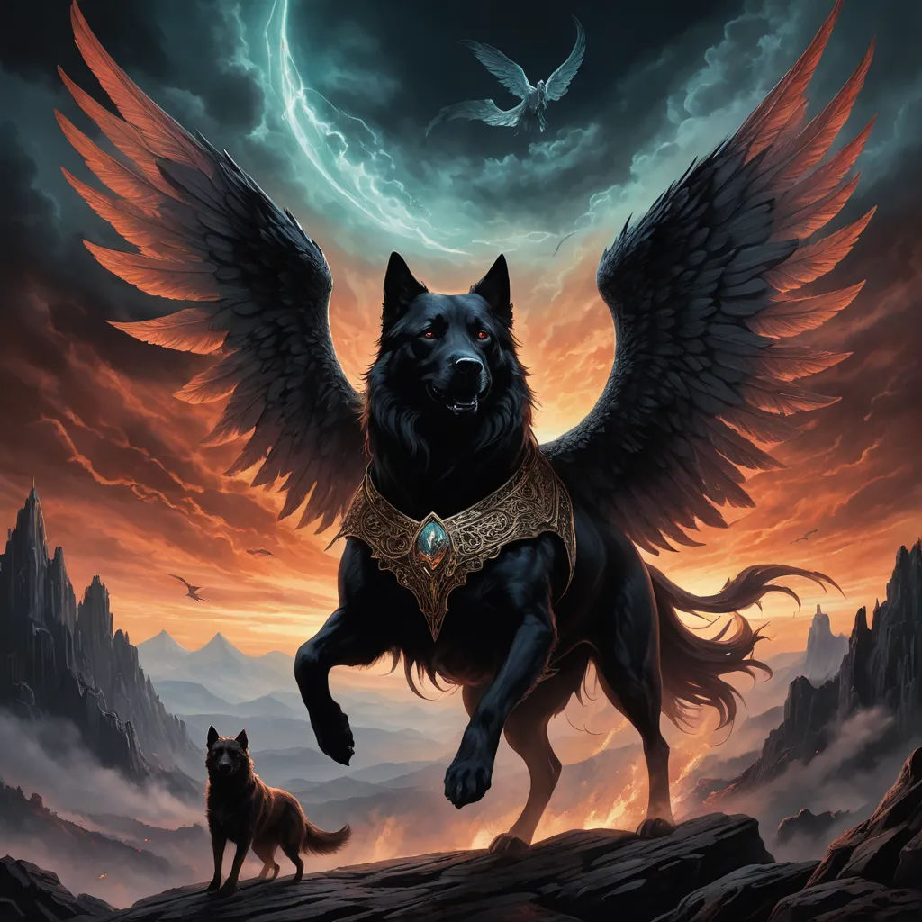 a dog with wings on its back standing on a rock with a bird flying above it and a bird on its back, fantasy art, an album cover, Anne Stokes, fantasy artwork