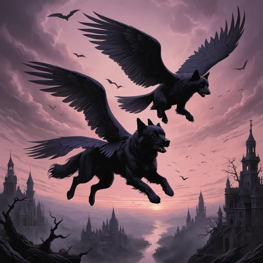 two black dogs flying over a city with bats and bats on it's wings, and a cat on the back of the dog, gothic art, an album cover, Anne Stokes, dark fantasy art