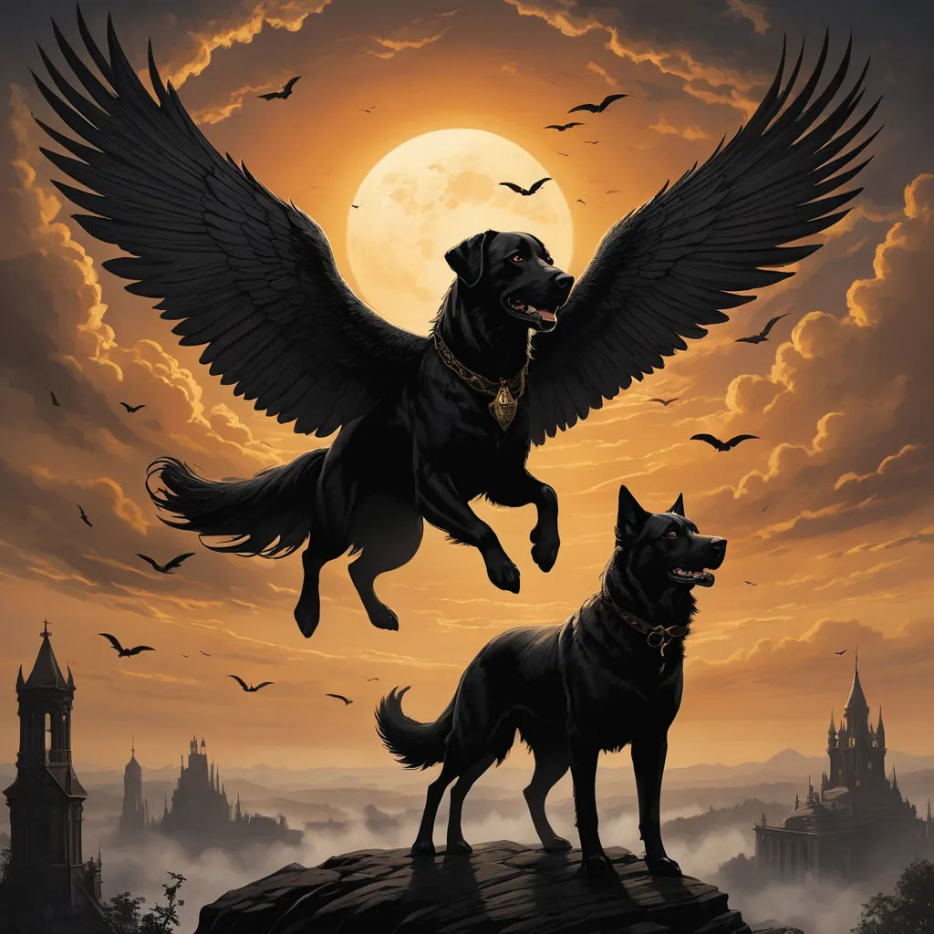 a dog and a dog are standing on a rock with a bird flying over them and a castle in the background, gothic art, an album cover, Anne Stokes, comic cover art