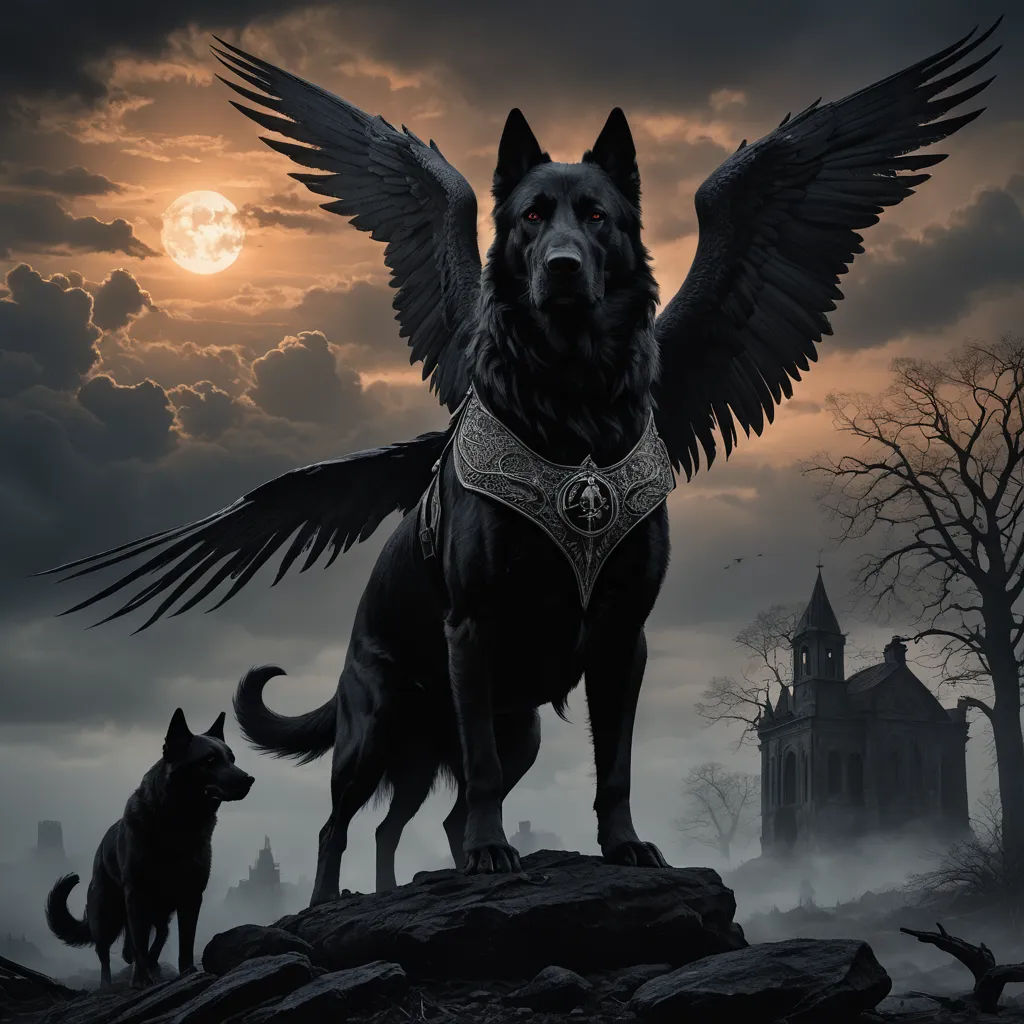 a dog with wings standing on a rock with a dog in front of a castle and a full moon, gothic art, an album cover, Anne Stokes, dark fantasy art