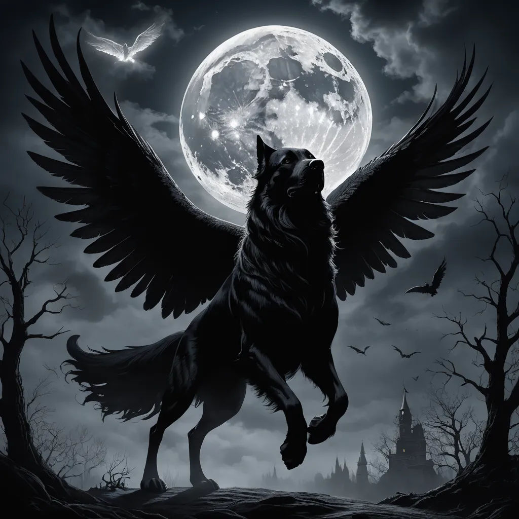 a wolf with wings flying in front of a full moon with bats and bats flying around it, with a castle in the background, gothic art, an album cover, Anne Stokes, dark art