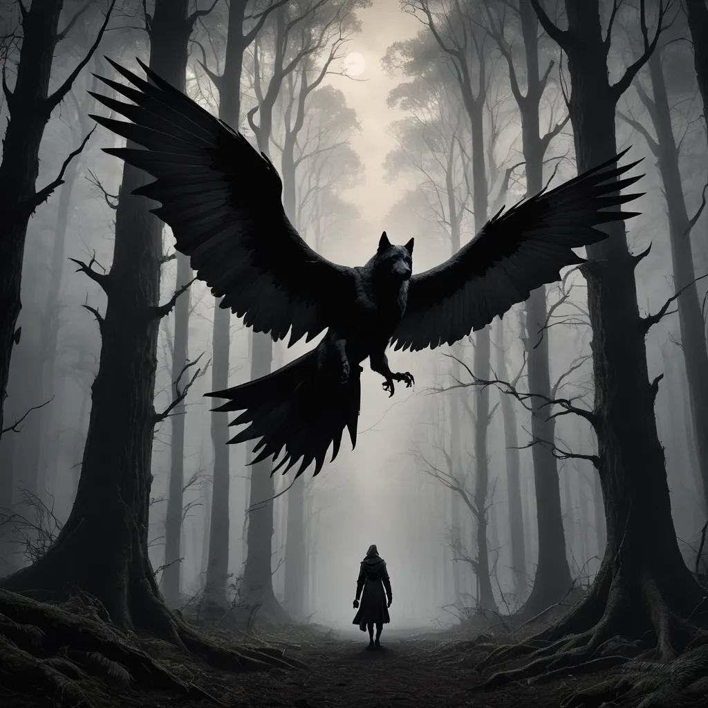 a person walking in a forest with a large bird on their shoulder and a person standing in the foreground, gothic art, poster art, Dirk Crabeth, dark fantasy art