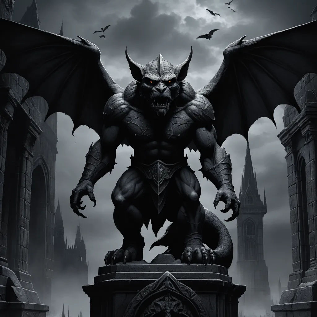 a demonic demon standing on a pedestal in a gothic city at night with bats flying overhead and a clock in the foreground, gothic art, an ambient occlusion render, Anne Stokes, dark fantasy art
