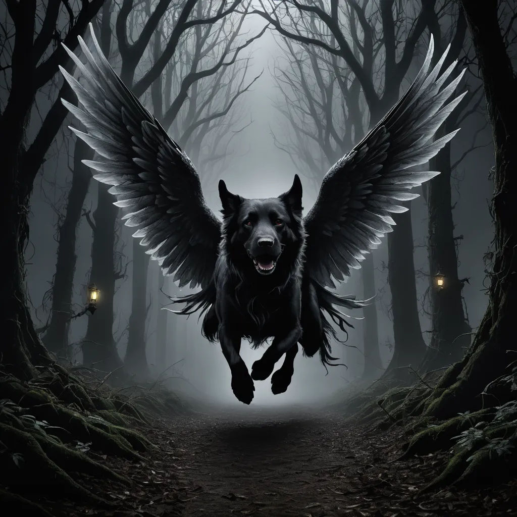 a black dog with wings flying through a forest filled with trees and lights at night with a full moon in the background, gothic art, a storybook illustration, Anne Stokes, dark fantasy art