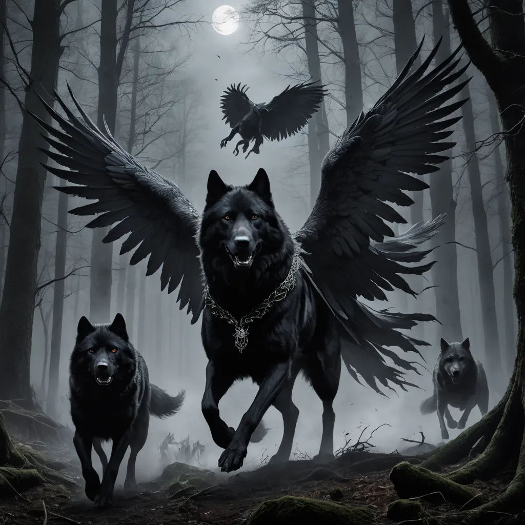 a wolf with wings is running through a forest with two other wolfs in the background and a bird flying above, gothic art, concept art, Anne Stokes, dark fantasy art