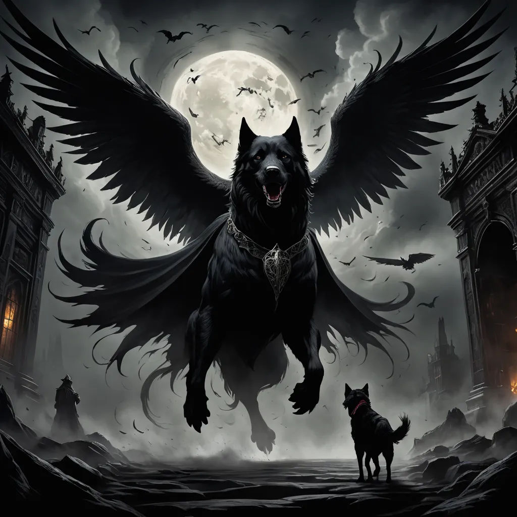 a black dog with wings flying over a city at night with a full moon in the background and a black dog standing on a sidewalk, gothic art, an album cover, Anne Stokes, dark fantasy art