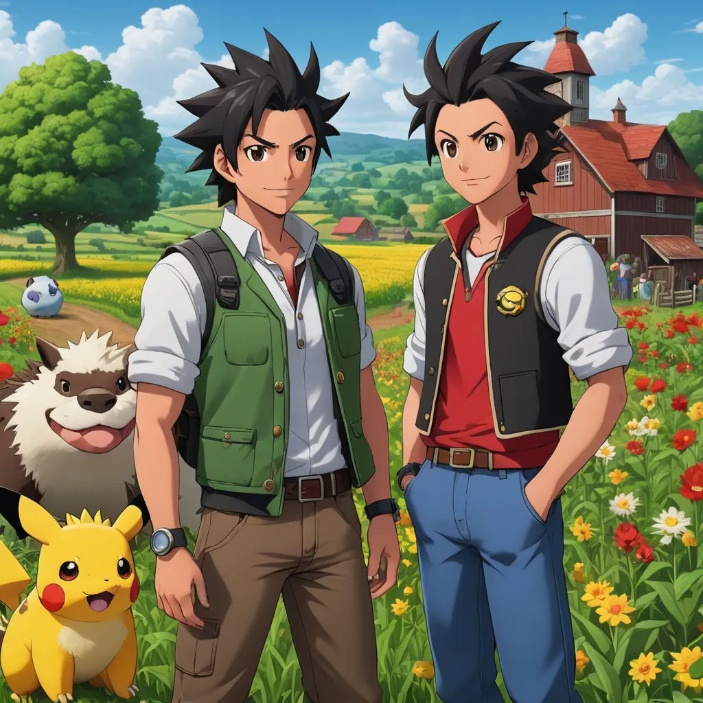 two people standing in a field with animals and a house in the background with a sky background and clouds, color field, concept art, Anne Said, official art