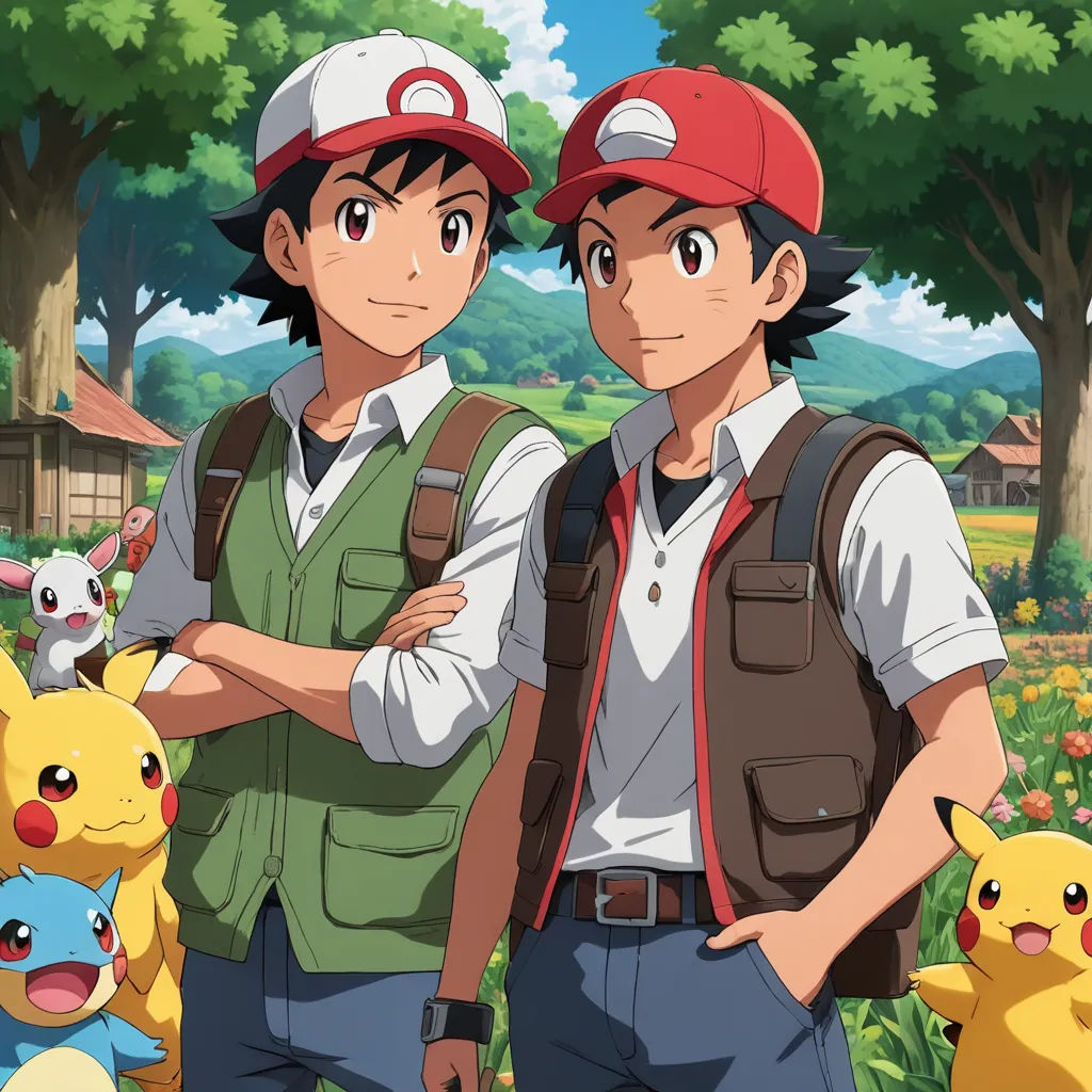 two people standing next to each other in front of a field of flowers and trees with pokemon pikachu, fine art, concept art, Andries Both, official art
