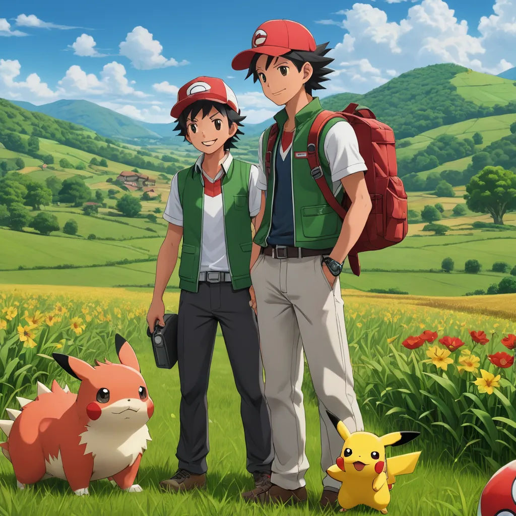 a couple of people standing in a field with a pokemon ball in the background and a pokemon pikachu, color field, concept art, Anne Said, official art