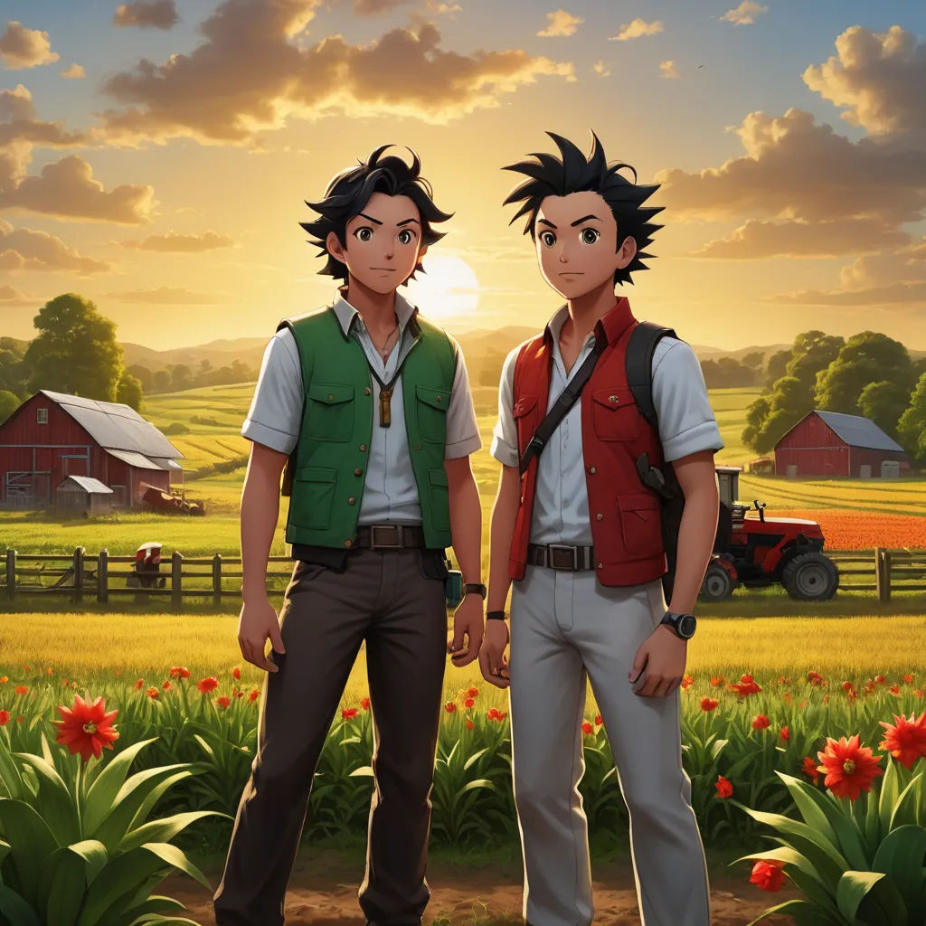 two people standing in a field with a farm in the background and a sunset in the background with clouds, color field, concept art, Brothers Hildebrandt, official art