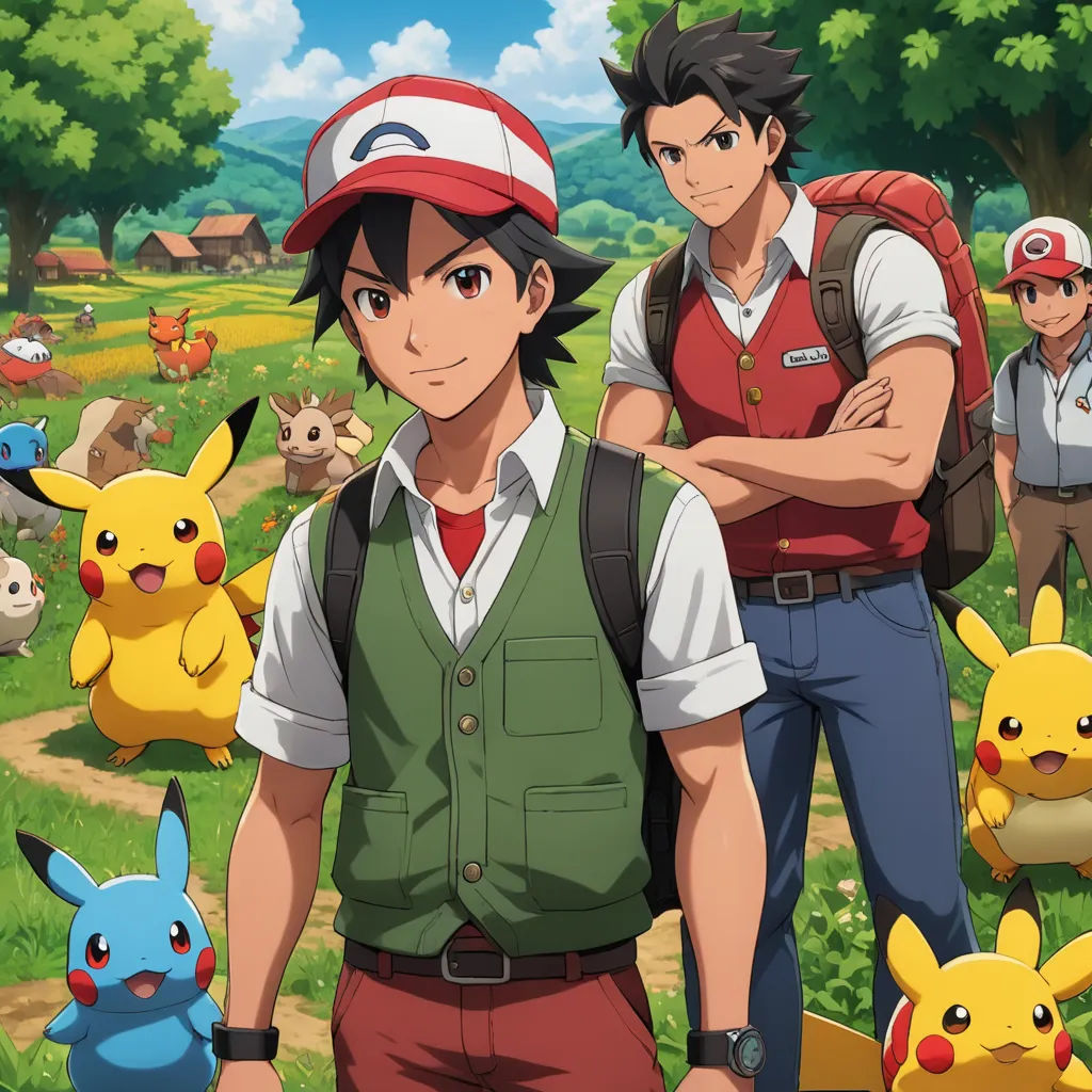 a group of people standing in front of a field with pokemon on it and a man in a red hat, context art, concept art, Adam Manyoki, official art