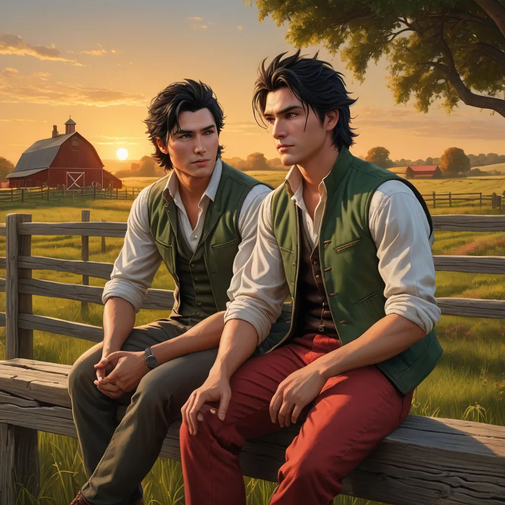 two men sitting on a fence in a field at sunset, one of them is looking at the camera, sots art, a fine art painting, Brothers Hildebrandt, official art