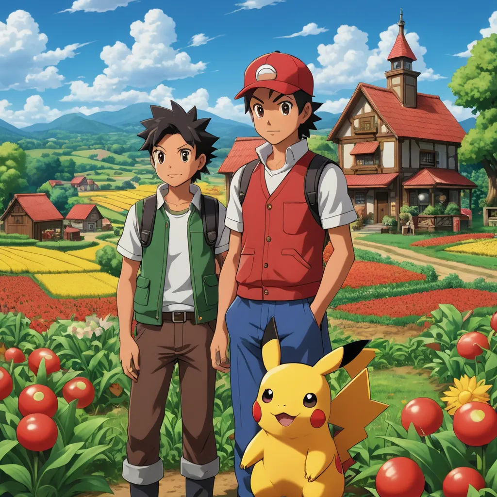 two people standing in front of a farm with a house and a pokemon pikachu on the ground, color field, concept art, Bascove, official art