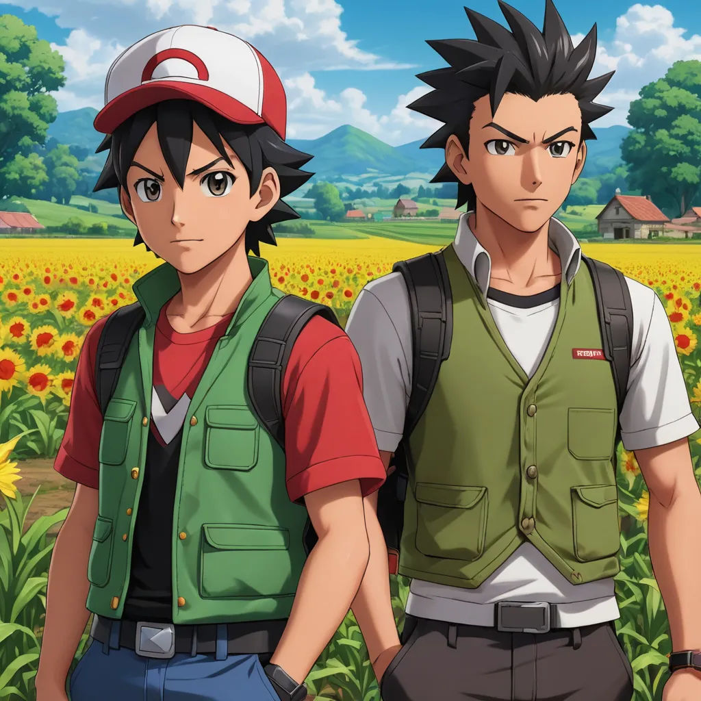 two young men standing in a field of sunflowers with a red hat on their head and a green vest, color field, concept art, Adam Manyoki, official art