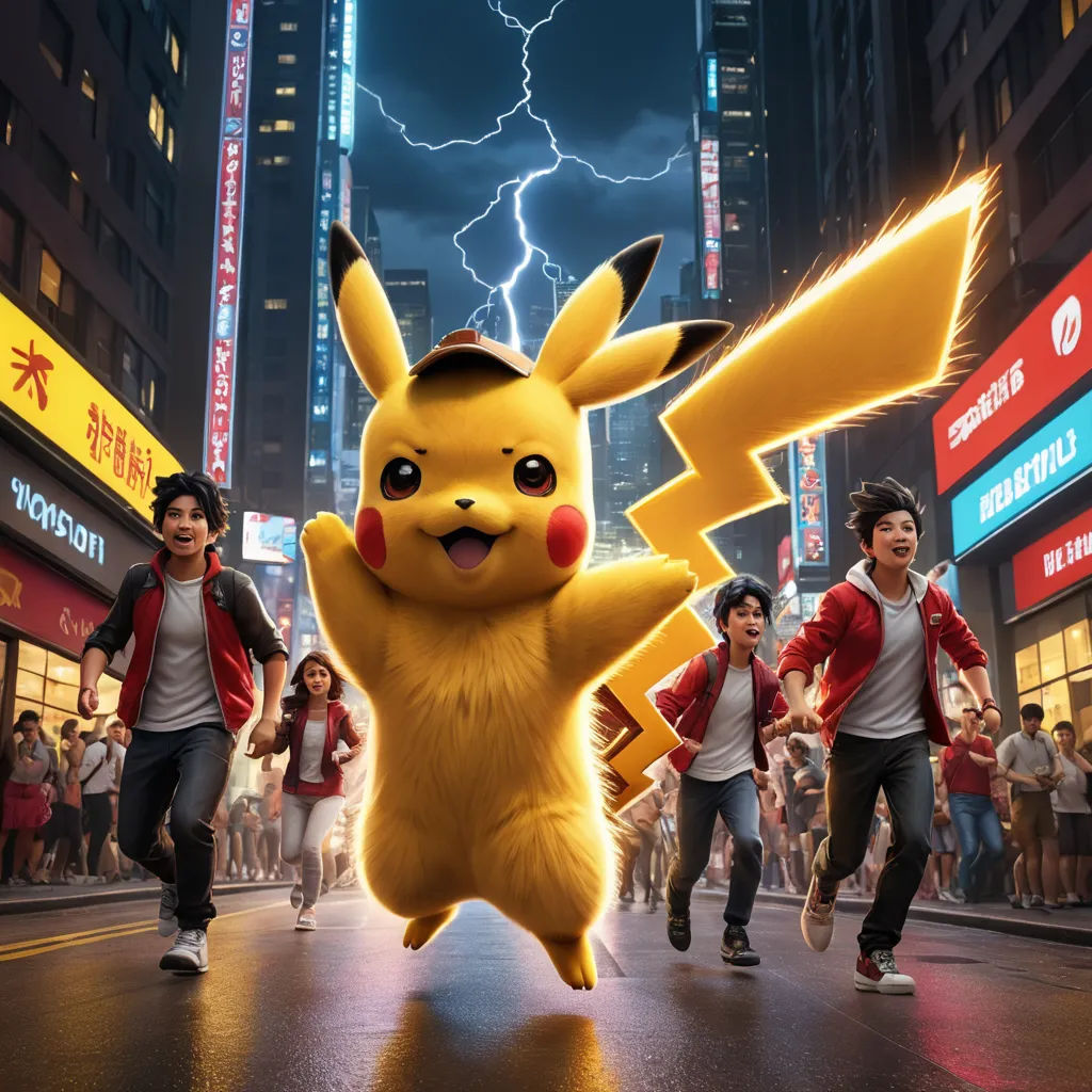 a group of people in a city with a pokemon pikachu character in the middle of the street, rayonism, a poster, Chris LaBrooy, promotional image