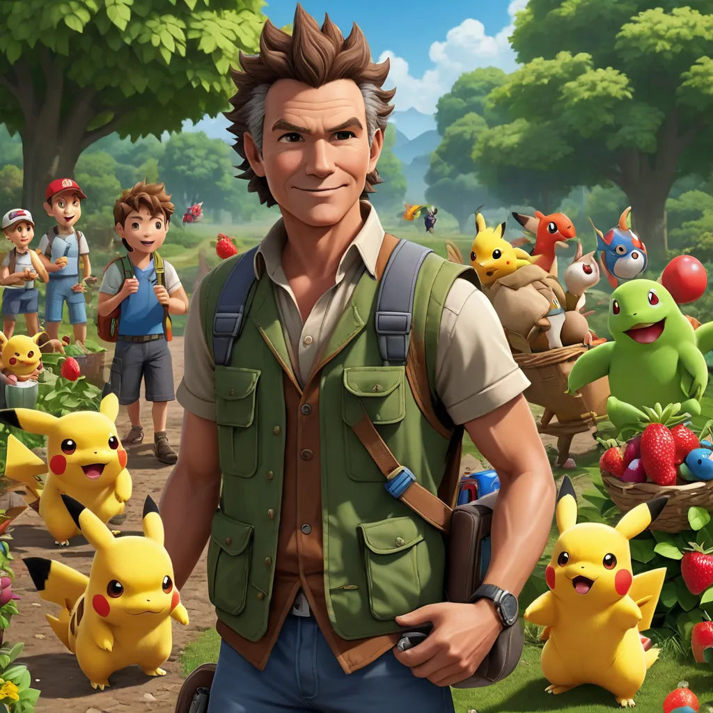 a man in a green vest standing in front of a forest filled with pokemon characters and a group of people, photorealism, concept art, Chris LaBrooy, official art