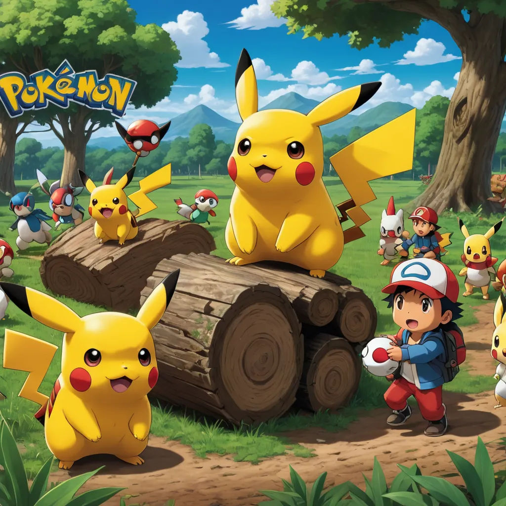 a group of pikachu and other pokemon characters in a field with a log and tree stump in the foreground, sots art, a poster, Daphne McClure, pokemon
