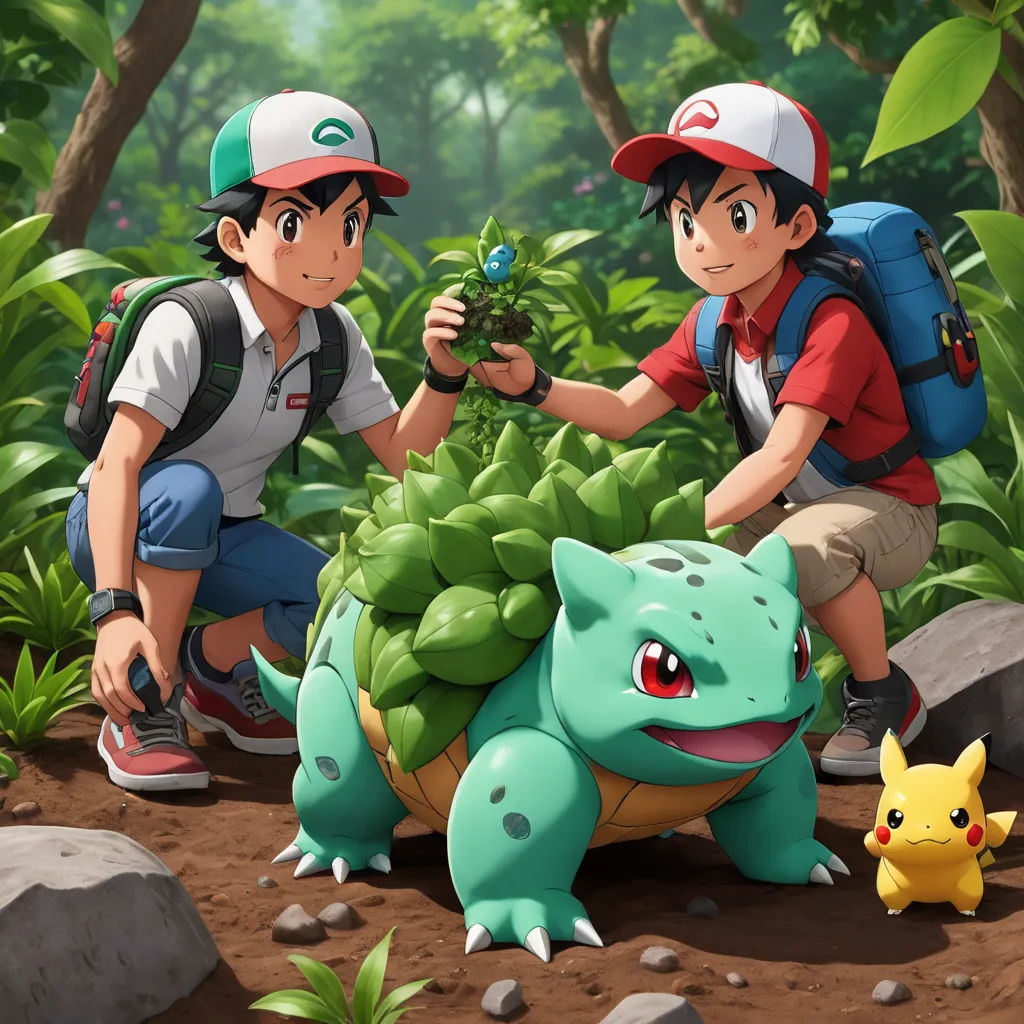 two people are standing next to a large green plant with a pokemon figure next to it and a pikachu, sots art, concept art, Chris LaBrooy, official art