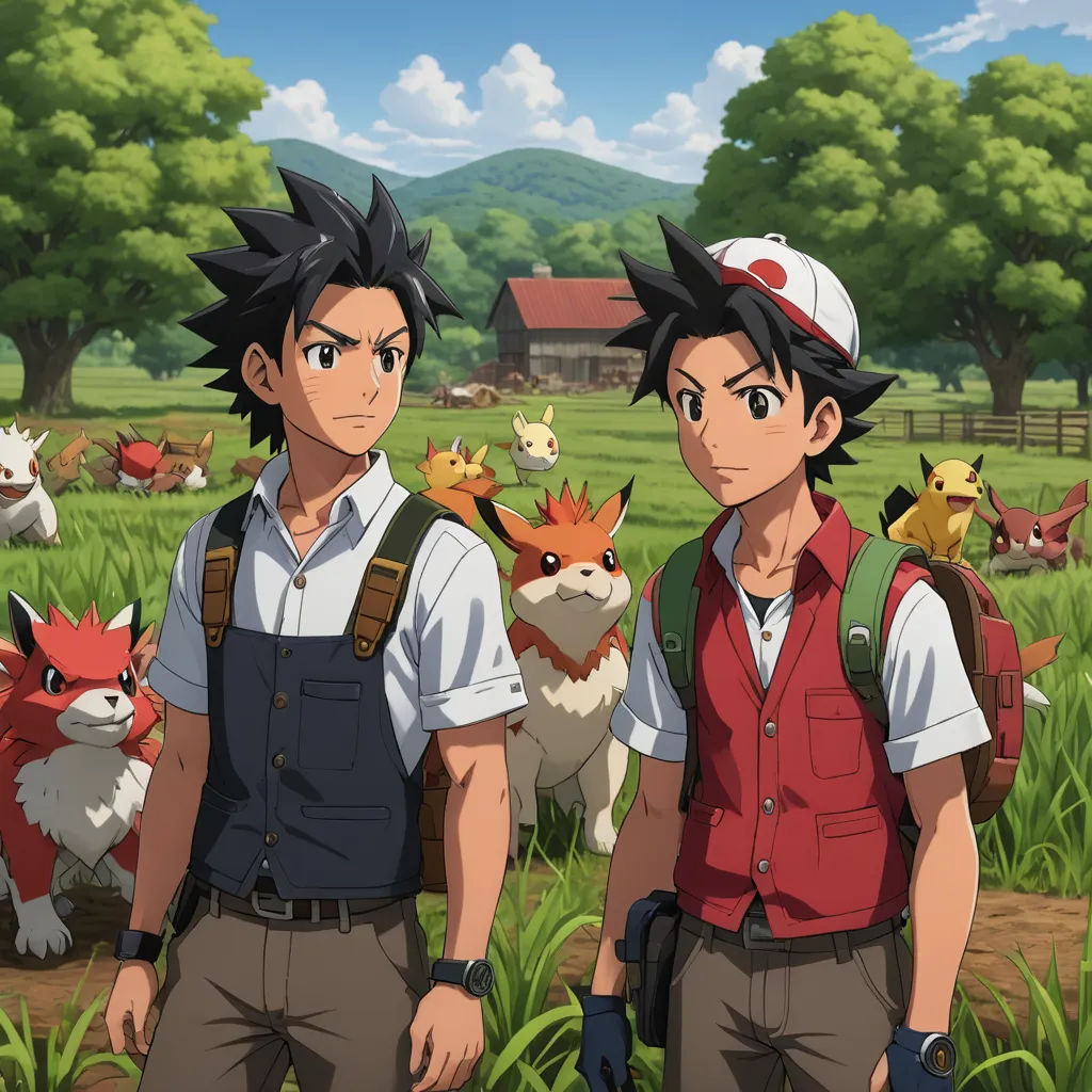 two people standing in a field with animals in the background and a house in the background with trees and grass, furry art, concept art, Adam Manyoki, official art