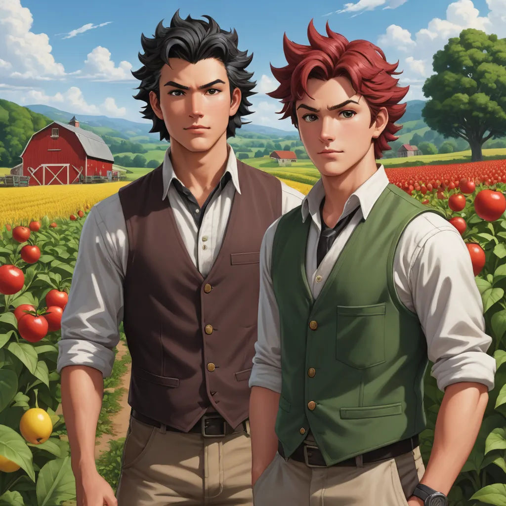 two men standing in a field of tomatoes with a barn in the background and a blue sky with clouds, color field, a fine art painting, Brothers Hildebrandt, official art