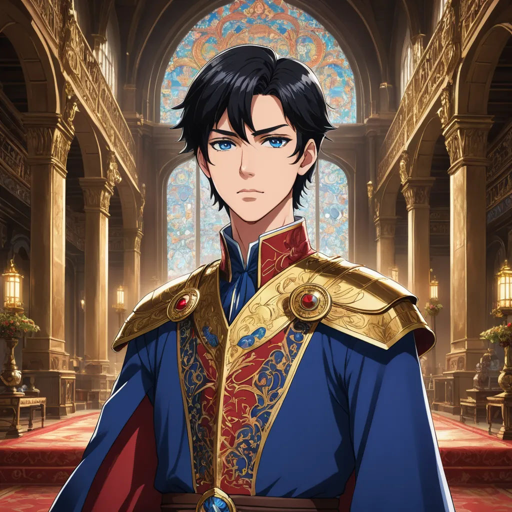 a man in a blue and gold outfit standing in a church with a stained glass window behind him and a red carpet, cloisonnism, a character portrait, Altoon Sultan, official art
