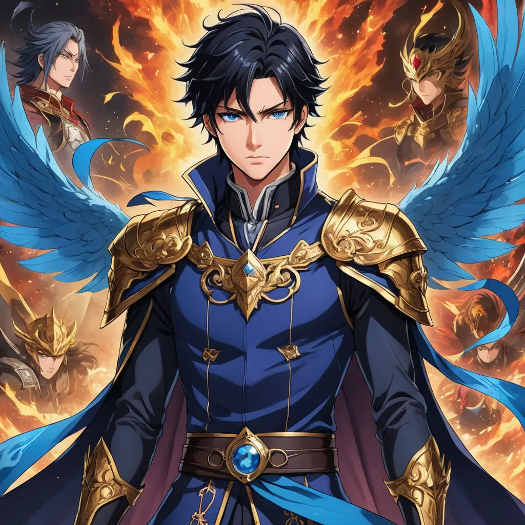 a man in a blue outfit with wings on his shoulders and a sword in his hand, with two other men in the background, rayonism, poster art, Du Jin, official art