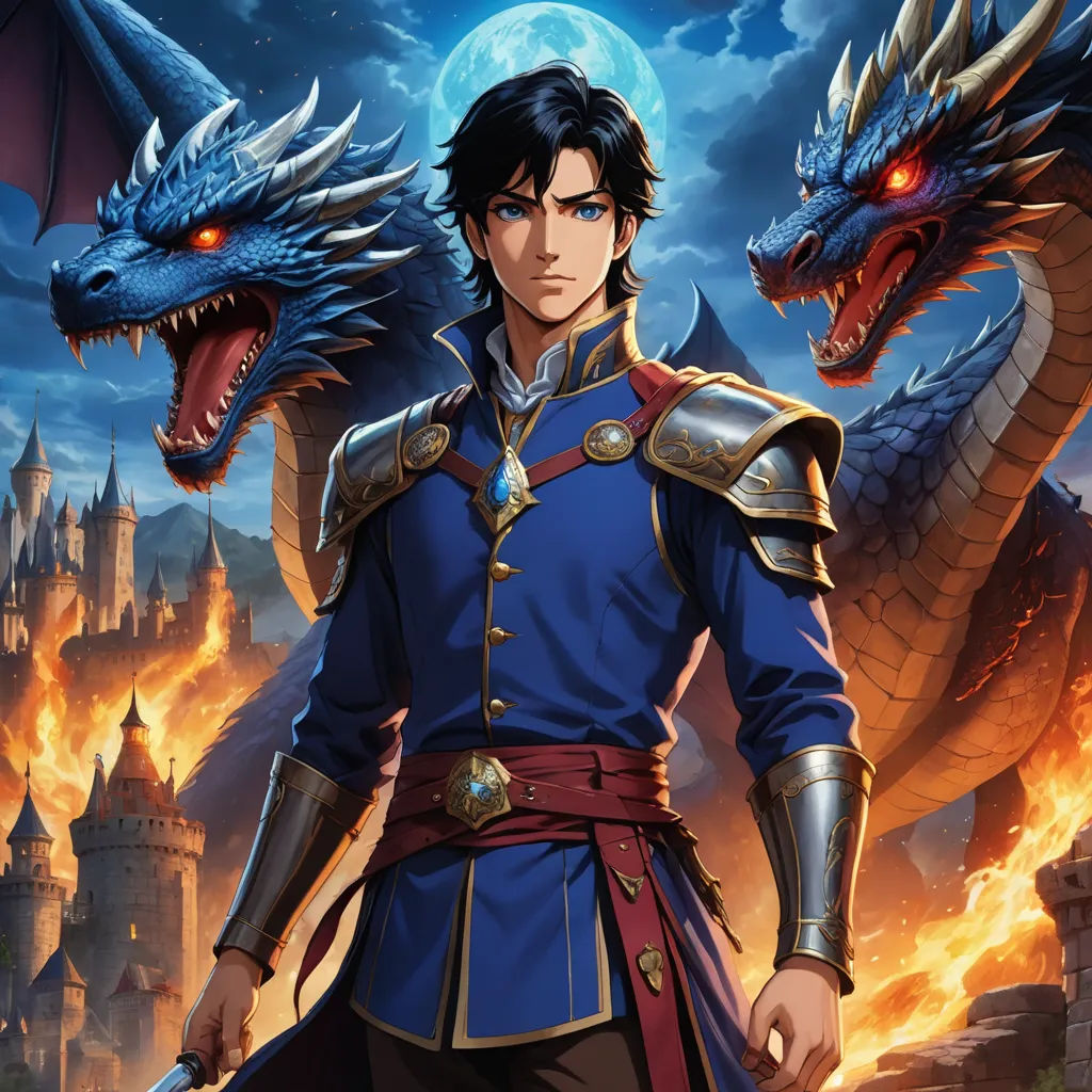 a man in a blue suit with a dragon on his shoulder and a sword in his hand, standing in front of a castle, sots art, a character portrait, Cedric Seaut (Keos Masons), key art