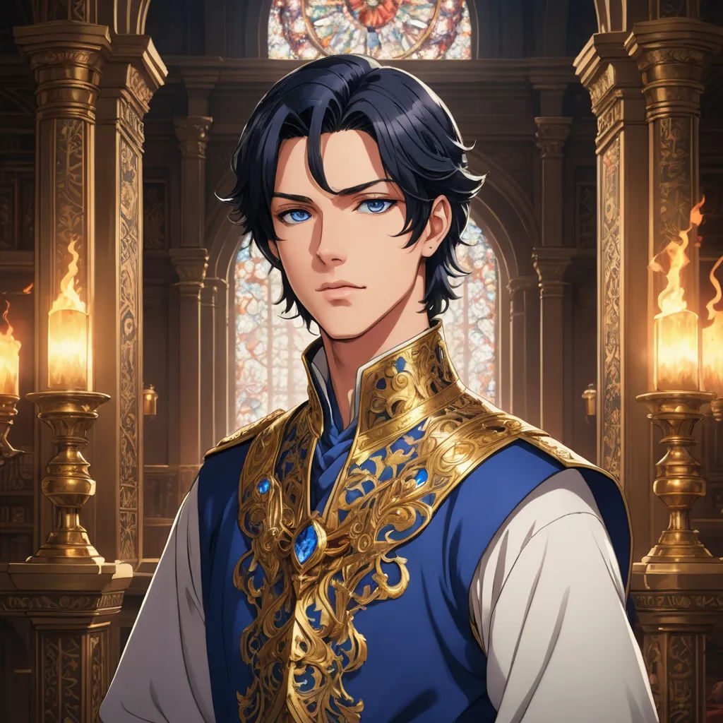 a man in a blue and gold outfit standing in front of a window with a clock in the background, pre-raphaelitism, a character portrait, Charles Bird King, official art