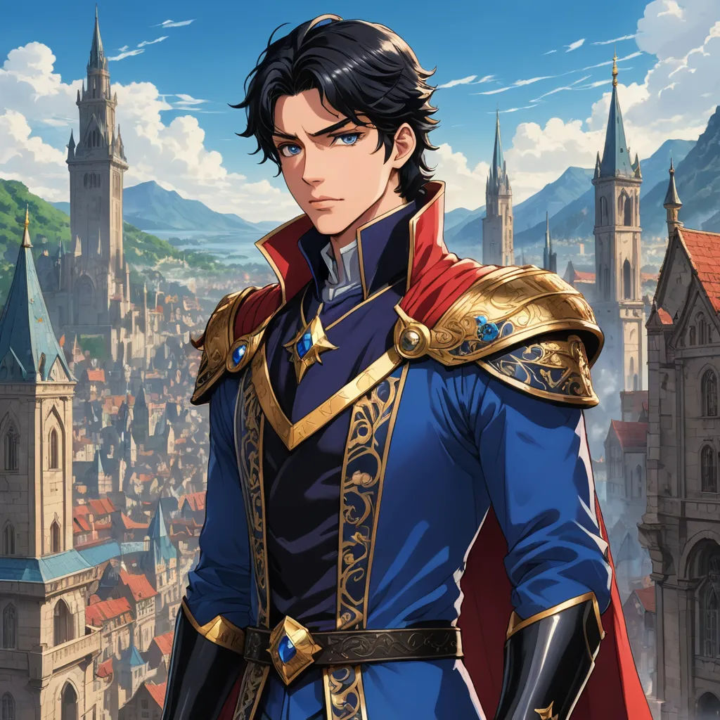 a man in a blue suit standing in front of a cityscape with a castle in the background, pre-raphaelitism, a character portrait, Erlund Hudson, official art