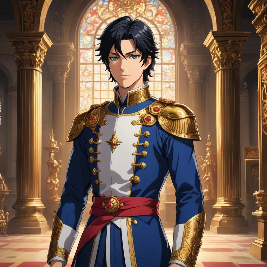 a man in a blue uniform standing in front of a window with a red ribbon around his waist and a gold crown on his head, sots art, a character portrait, Cedric Seaut (Keos Masons), official art
