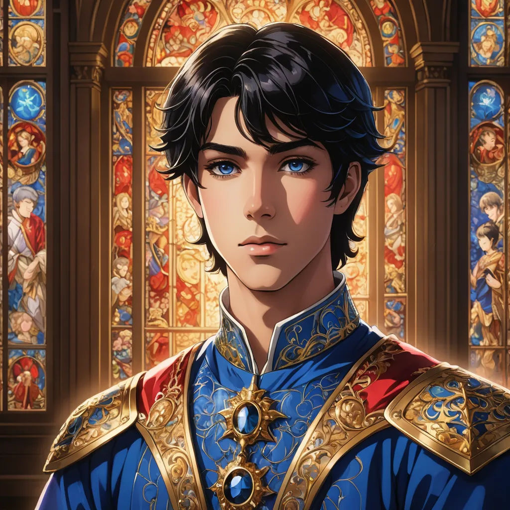 a man in a blue suit with a gold crown and a stained glass window behind him is a stained glass window, pre-raphaelitism, a character portrait, Altoon Sultan, official art