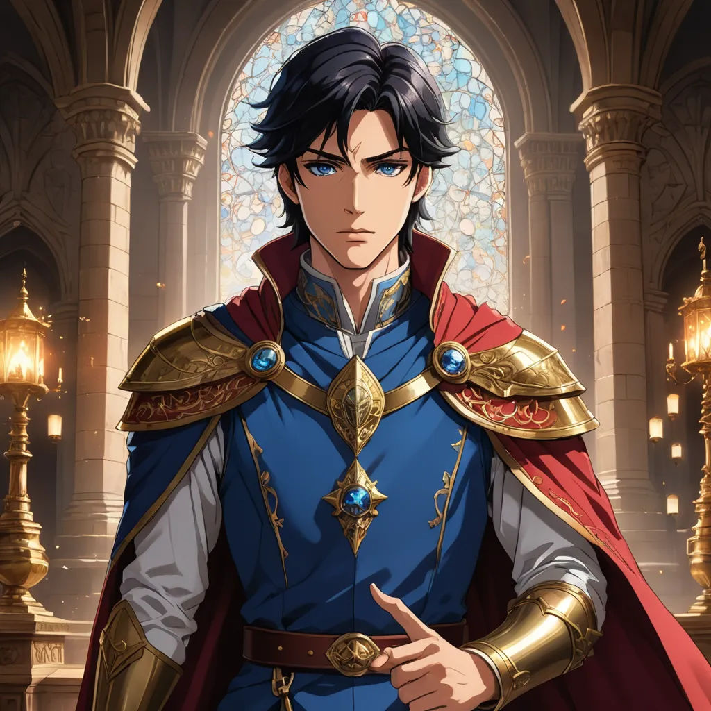 a man in a blue and gold outfit with a red cape and a gold crown on his head and a gold and red cape on his chest, sots art, a character portrait, Erlund Hudson, official art