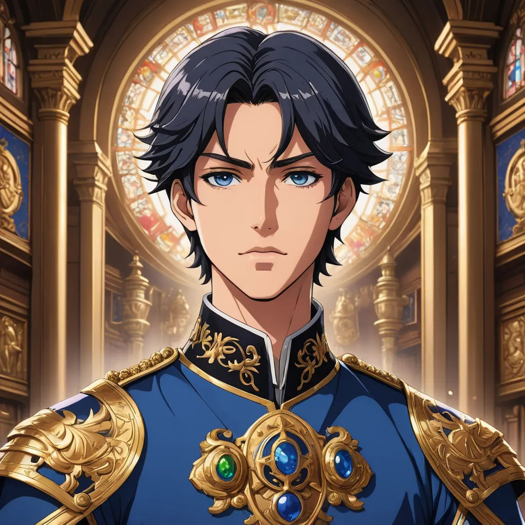 a man in a blue uniform with a gold trimming and a clock in the background with a stained glass window, pre-raphaelitism, a character portrait, Erlund Hudson, official art
